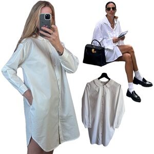 Priory White Collared Round Peasant Collar Button Down Oversized Shirt Dress